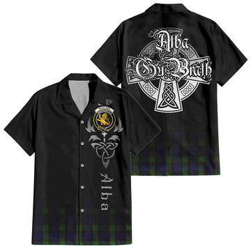 Nicolson Green Hunting Tartan Short Sleeve Button Up Shirt Featuring Alba Gu Brath Family Crest Celtic Inspired