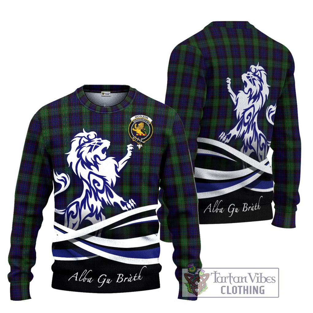 Nicolson Green Hunting Tartan Knitted Sweater with Alba Gu Brath Regal Lion Emblem Unisex - Tartanvibesclothing Shop