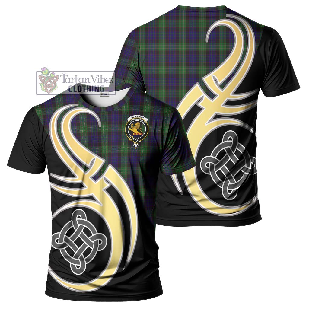 Tartan Vibes Clothing Nicolson Green Hunting Tartan T-Shirt with Family Crest and Celtic Symbol Style