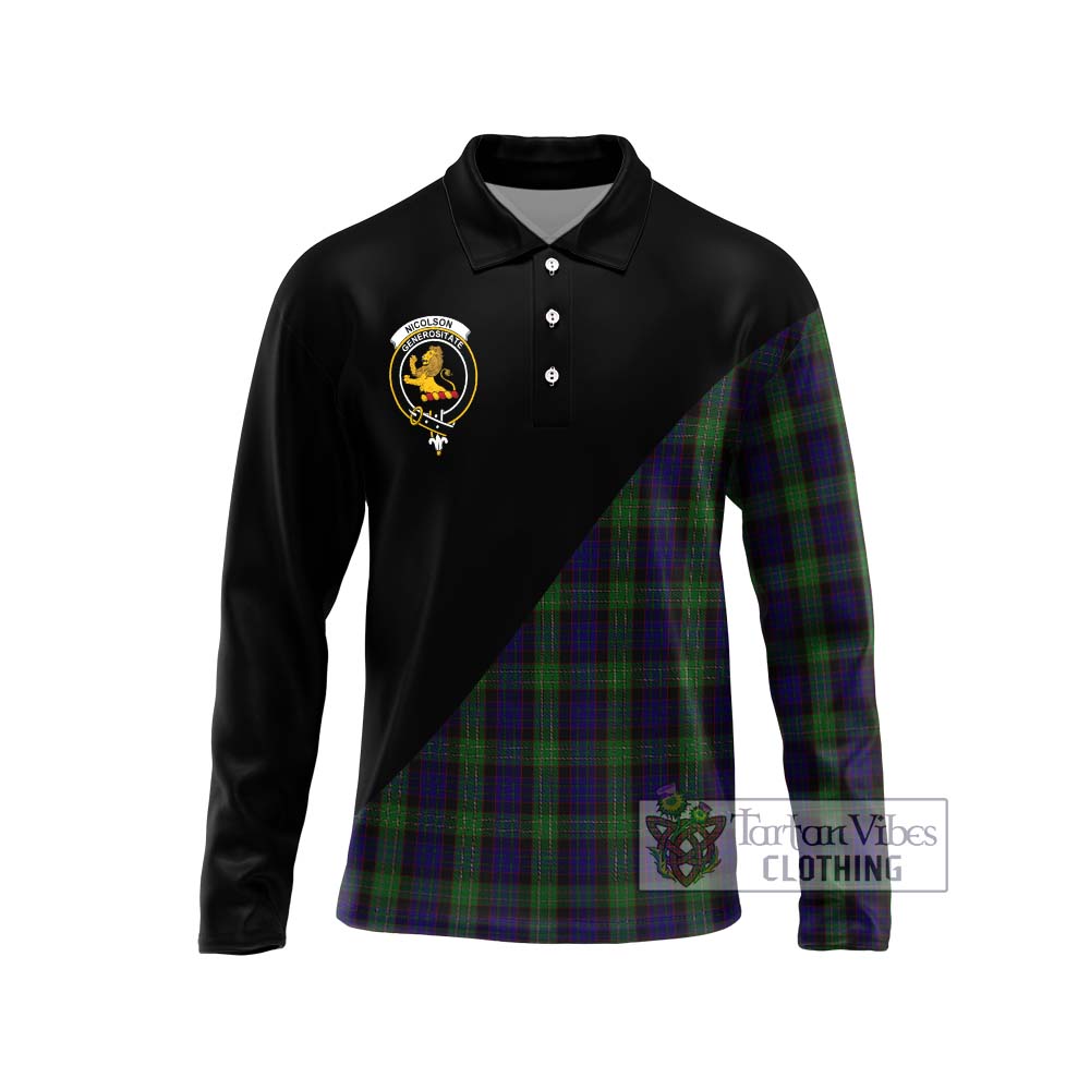 Nicolson Green Hunting Tartan Long Sleeve Polo Shirt with Family Crest and Military Logo Style Unisex - Tartanvibesclothing Shop