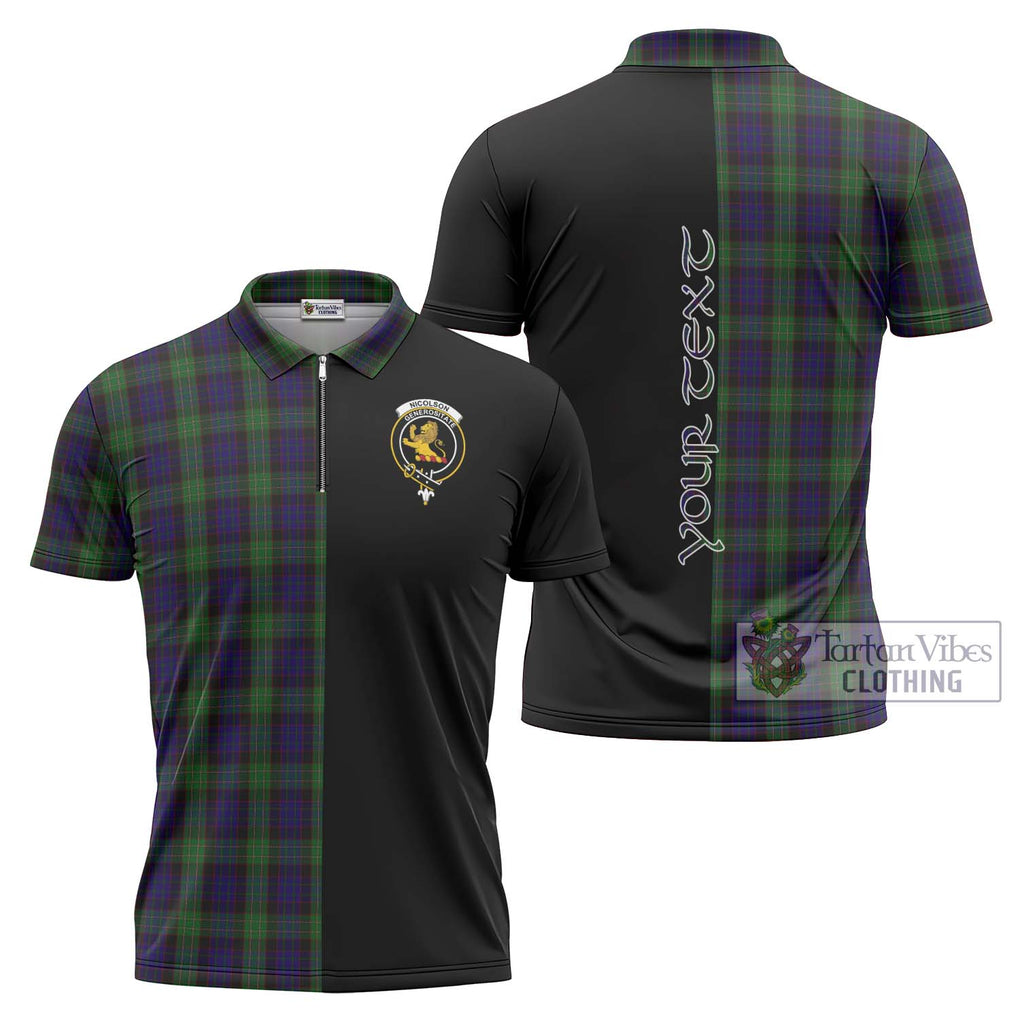 Nicolson Green Hunting Tartan Zipper Polo Shirt with Family Crest and Half Of Me Style Unisex - Tartanvibesclothing Shop