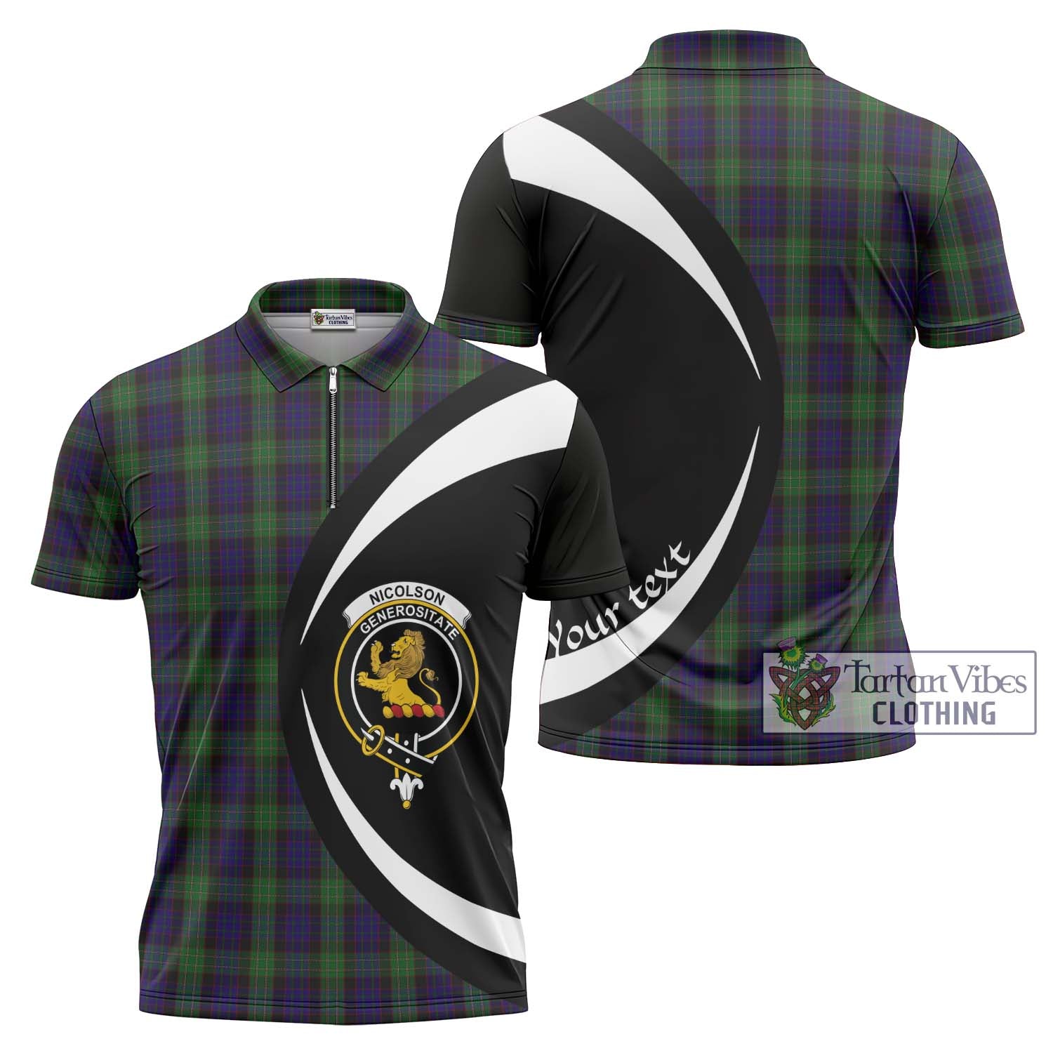 Tartan Vibes Clothing Nicolson Green Hunting Tartan Zipper Polo Shirt with Family Crest Circle Style