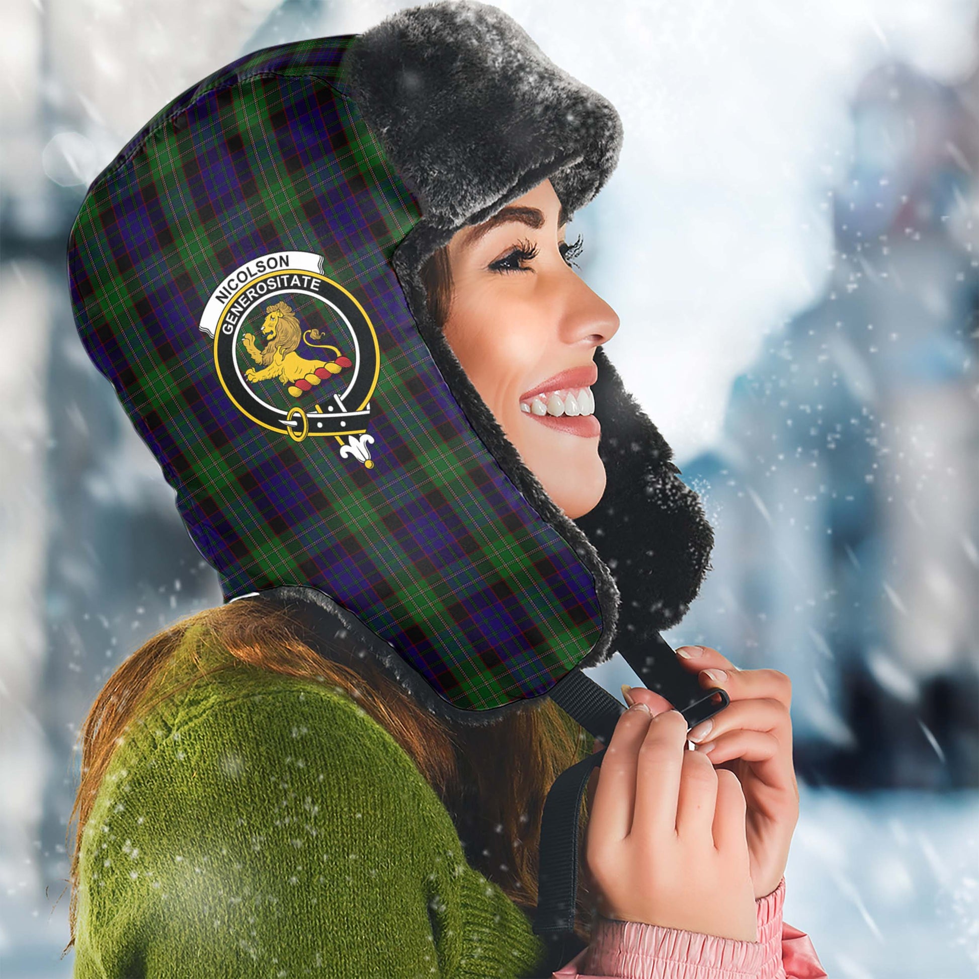 Nicolson Green Hunting Tartan Winter Trapper Hat with Family Crest Winter Trapper Hat Universal Fit Circumference 22.8in (58cm) - Tartanvibesclothing