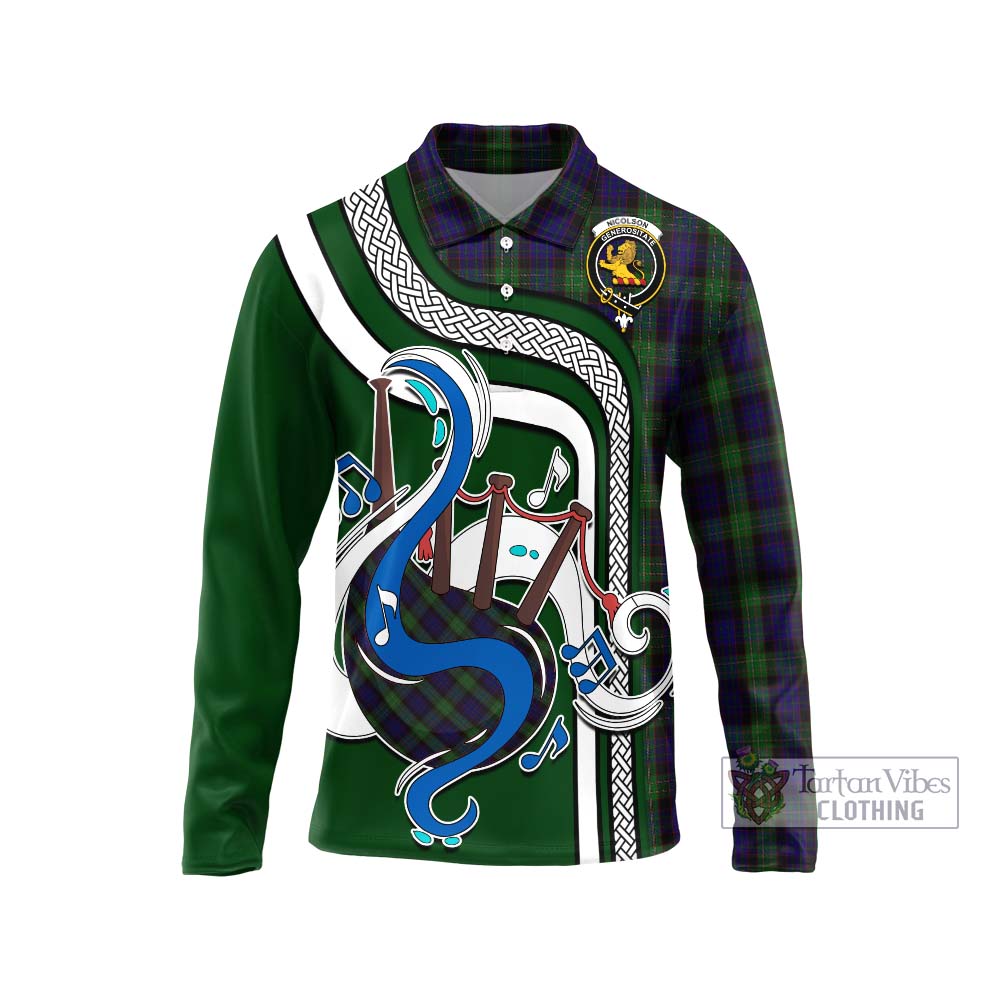 Tartan Vibes Clothing Nicolson Green Hunting Tartan Long Sleeve Polo Shirt with Epic Bagpipe Style