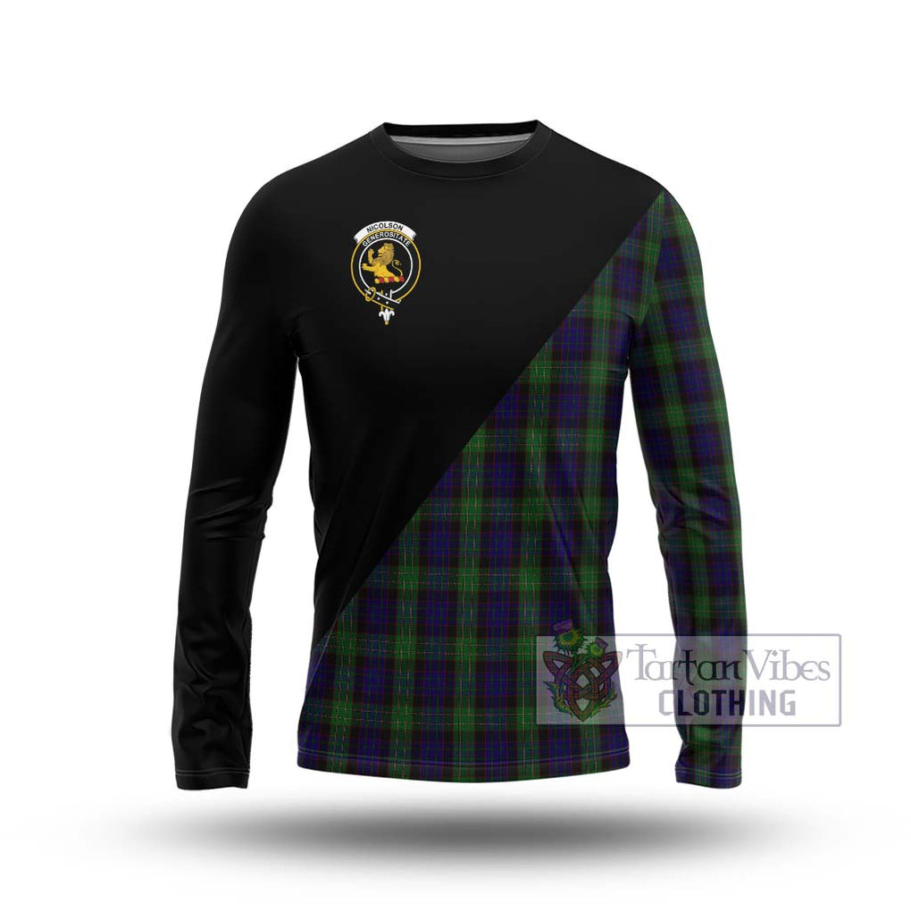 Nicolson Green Hunting Tartan Long Sleeve T-Shirt with Family Crest and Military Logo Style Unisex - Tartanvibesclothing Shop