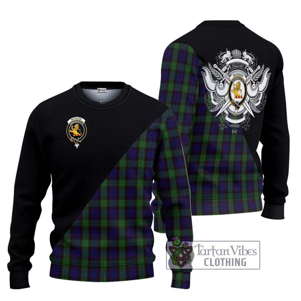 Nicolson Green Hunting Tartan Knitted Sweater with Family Crest and Military Logo Style Unisex - Tartanvibesclothing Shop