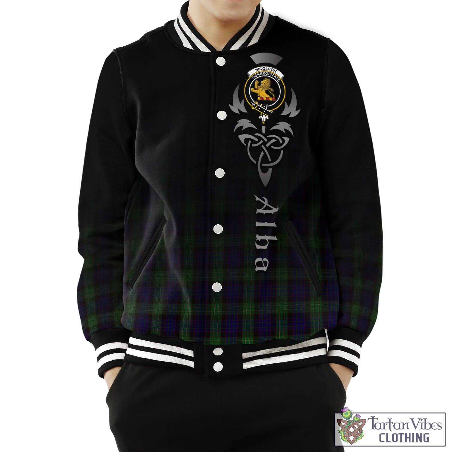 Tartan Vibes Clothing Nicolson Green Hunting Tartan Baseball Jacket Featuring Alba Gu Brath Family Crest Celtic Inspired