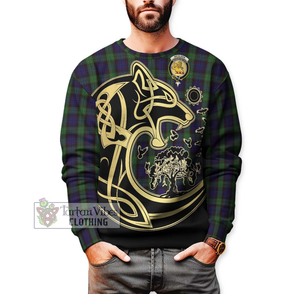 Nicolson Green Hunting Tartan Sweatshirt with Family Crest Celtic Wolf Style Unisex - Tartan Vibes Clothing