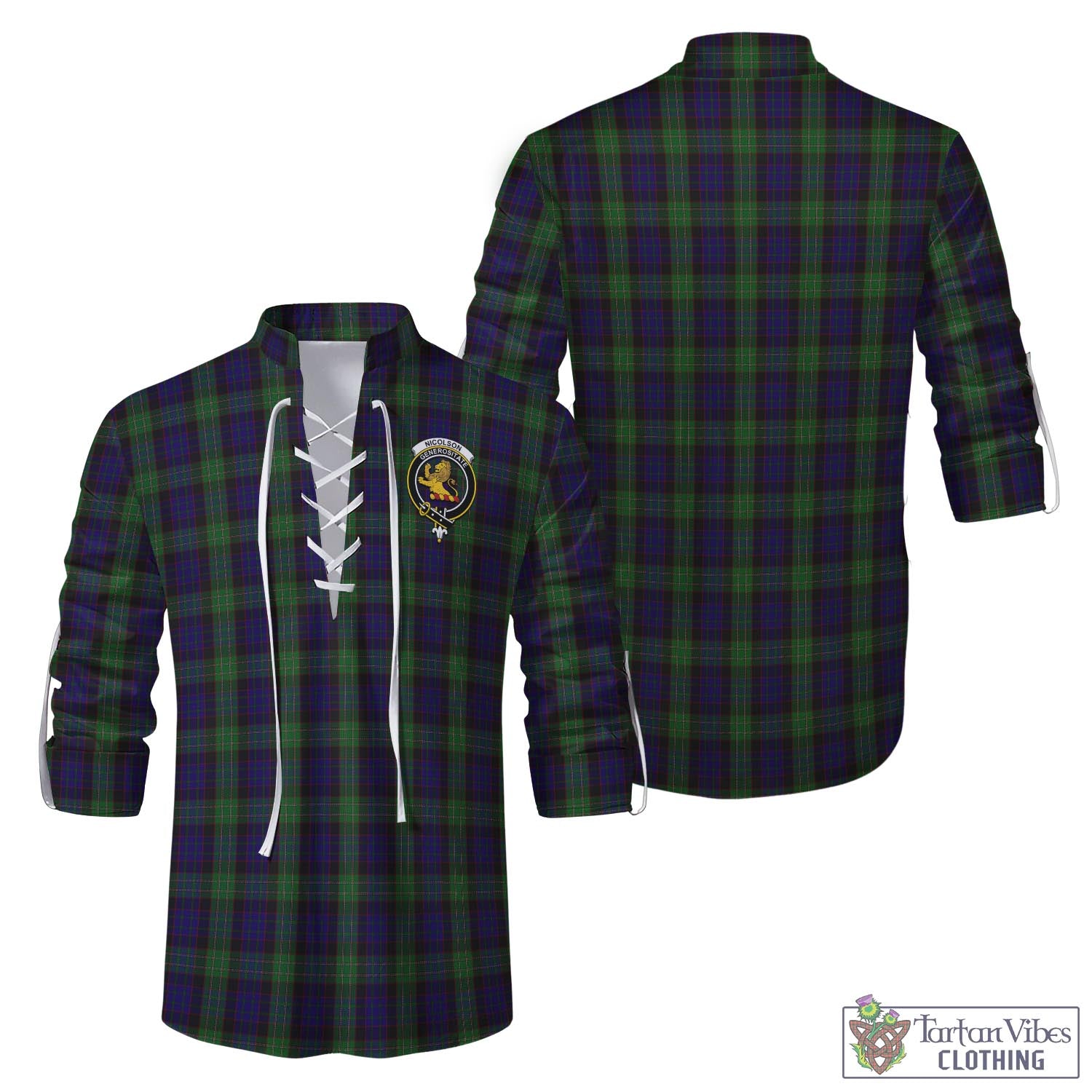 Tartan Vibes Clothing Nicolson Green Hunting Tartan Men's Scottish Traditional Jacobite Ghillie Kilt Shirt with Family Crest