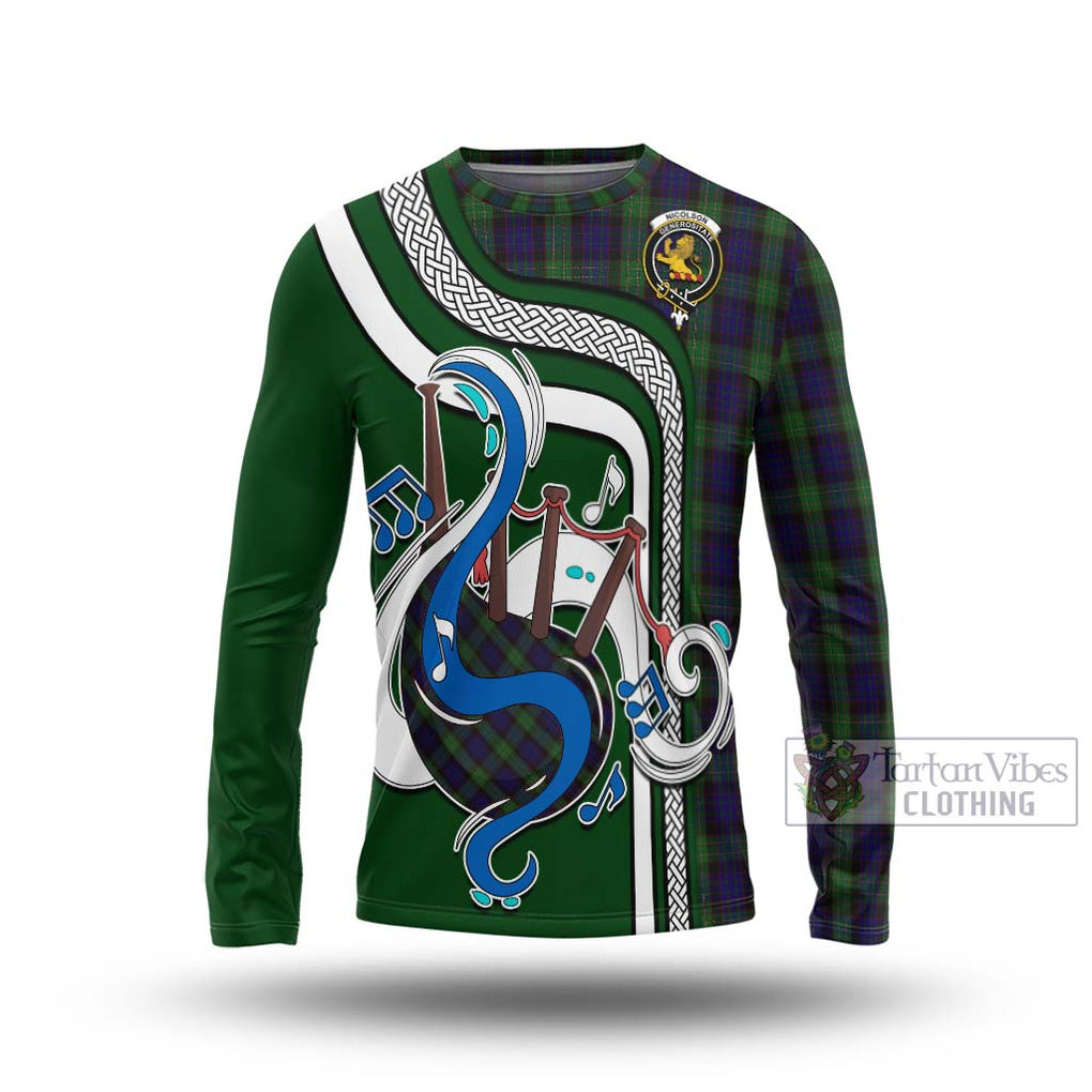 Tartan Vibes Clothing Nicolson Green Hunting Tartan Long Sleeve T-Shirt with Epic Bagpipe Style