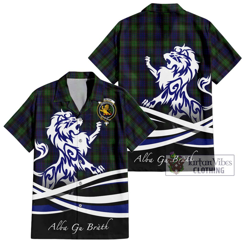 Nicolson Green Hunting Tartan Short Sleeve Button Shirt with Alba Gu Brath Regal Lion Emblem Kid - Tartanvibesclothing Shop