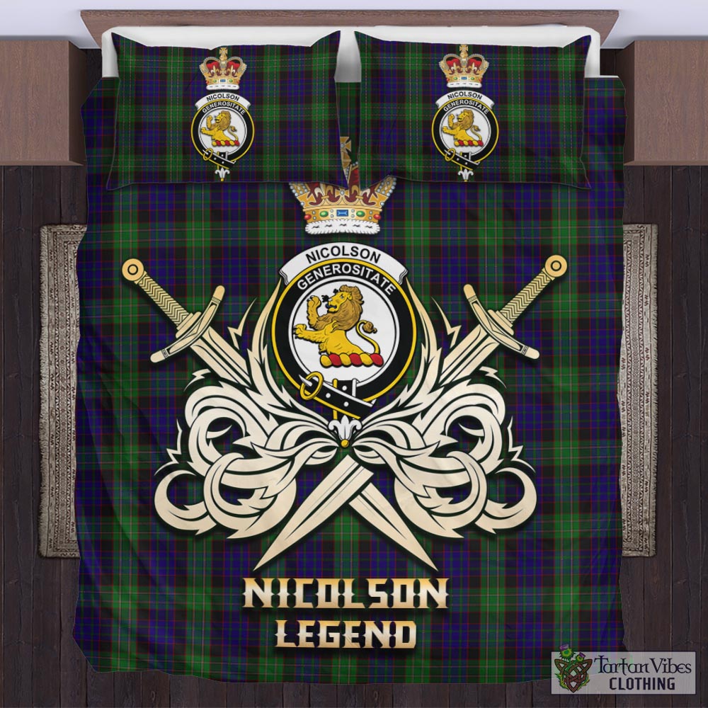 Tartan Vibes Clothing Nicolson Green Hunting Tartan Bedding Set with Clan Crest and the Golden Sword of Courageous Legacy