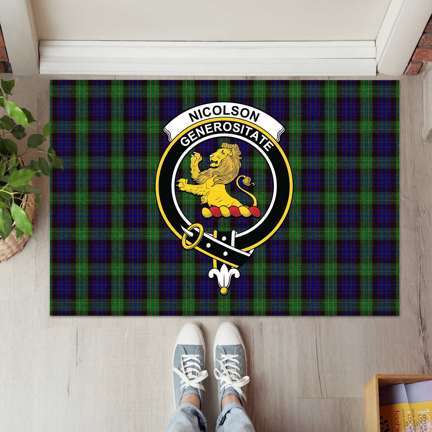 Nicolson Green Hunting Tartan Door Mat with Family Crest - Tartanvibesclothing