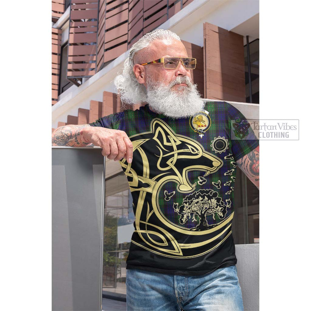 Tartan Vibes Clothing Nicolson Green Hunting Tartan Cotton T-shirt with Family Crest Celtic Wolf Style