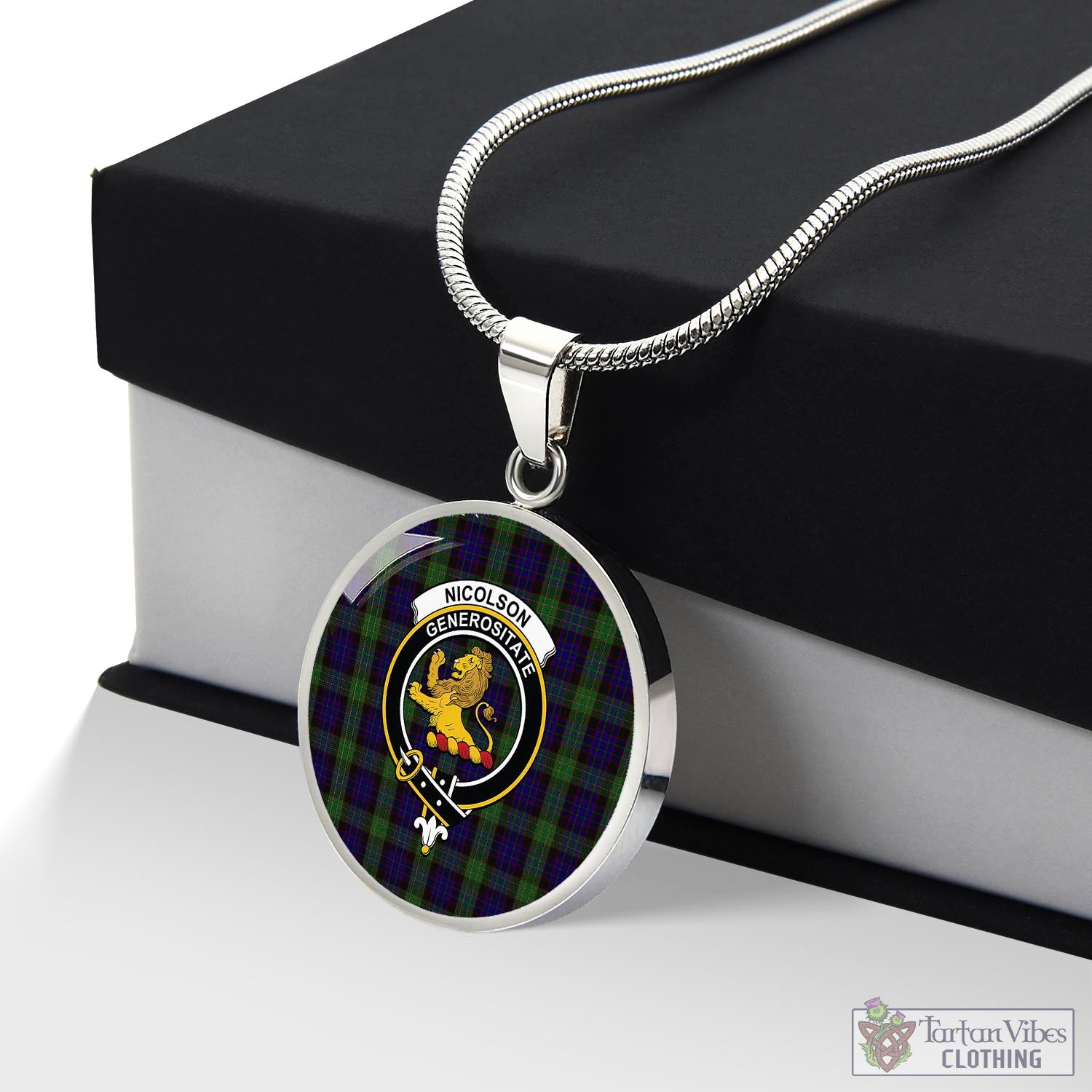 Tartan Vibes Clothing Nicolson Green Hunting Tartan Circle Necklace with Family Crest