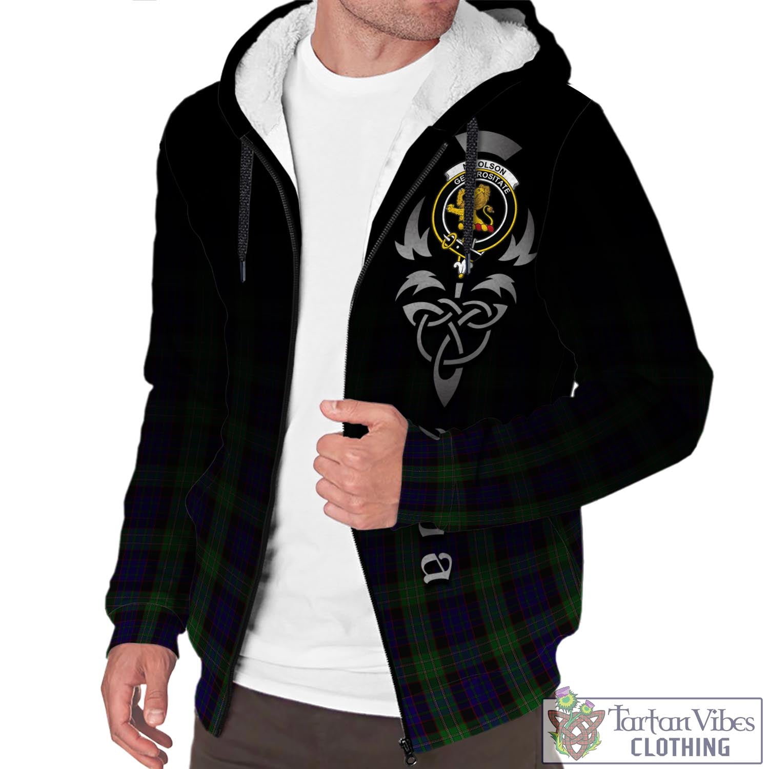 Tartan Vibes Clothing Nicolson Green Hunting Tartan Sherpa Hoodie Featuring Alba Gu Brath Family Crest Celtic Inspired