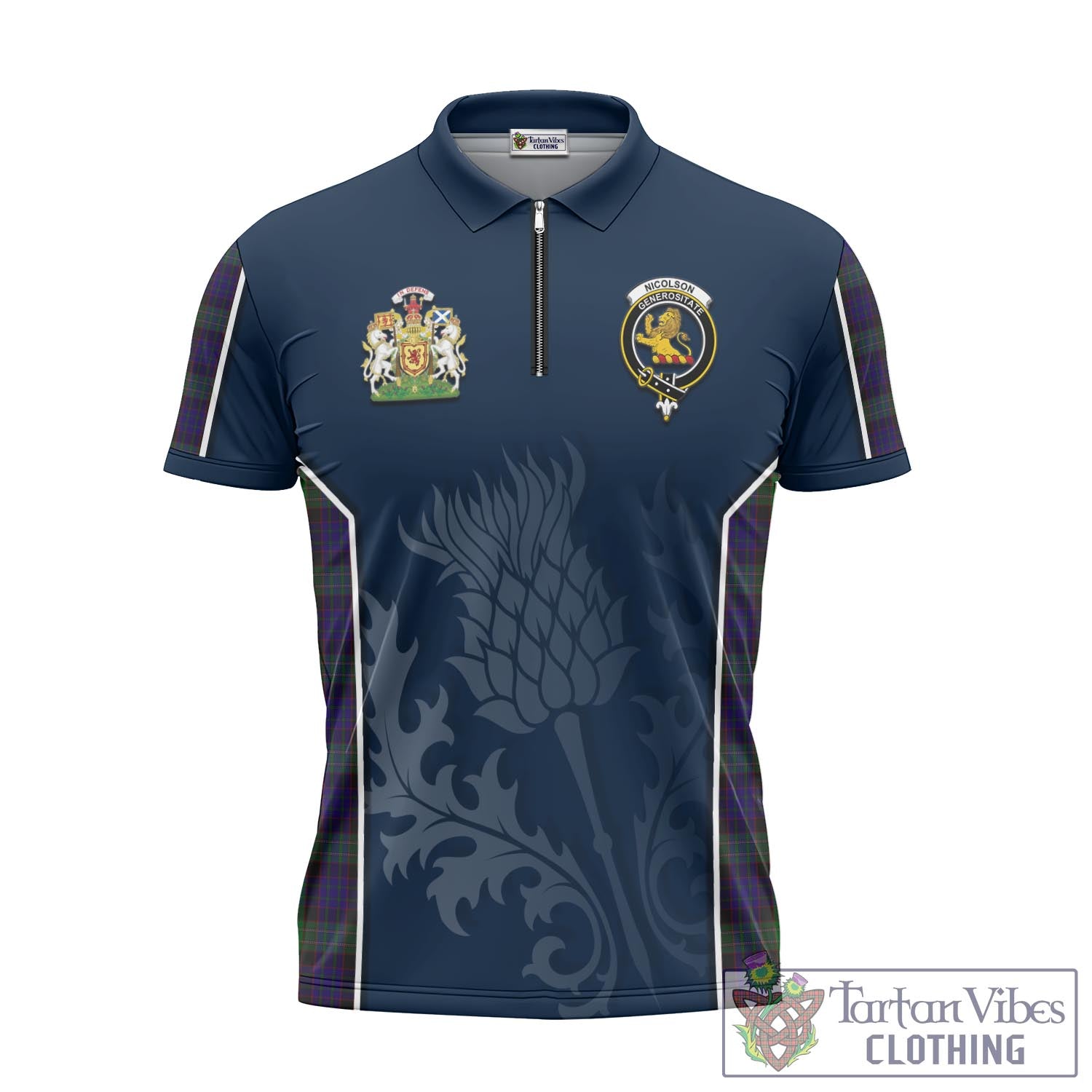 Tartan Vibes Clothing Nicolson Green Hunting Tartan Zipper Polo Shirt with Family Crest and Scottish Thistle Vibes Sport Style