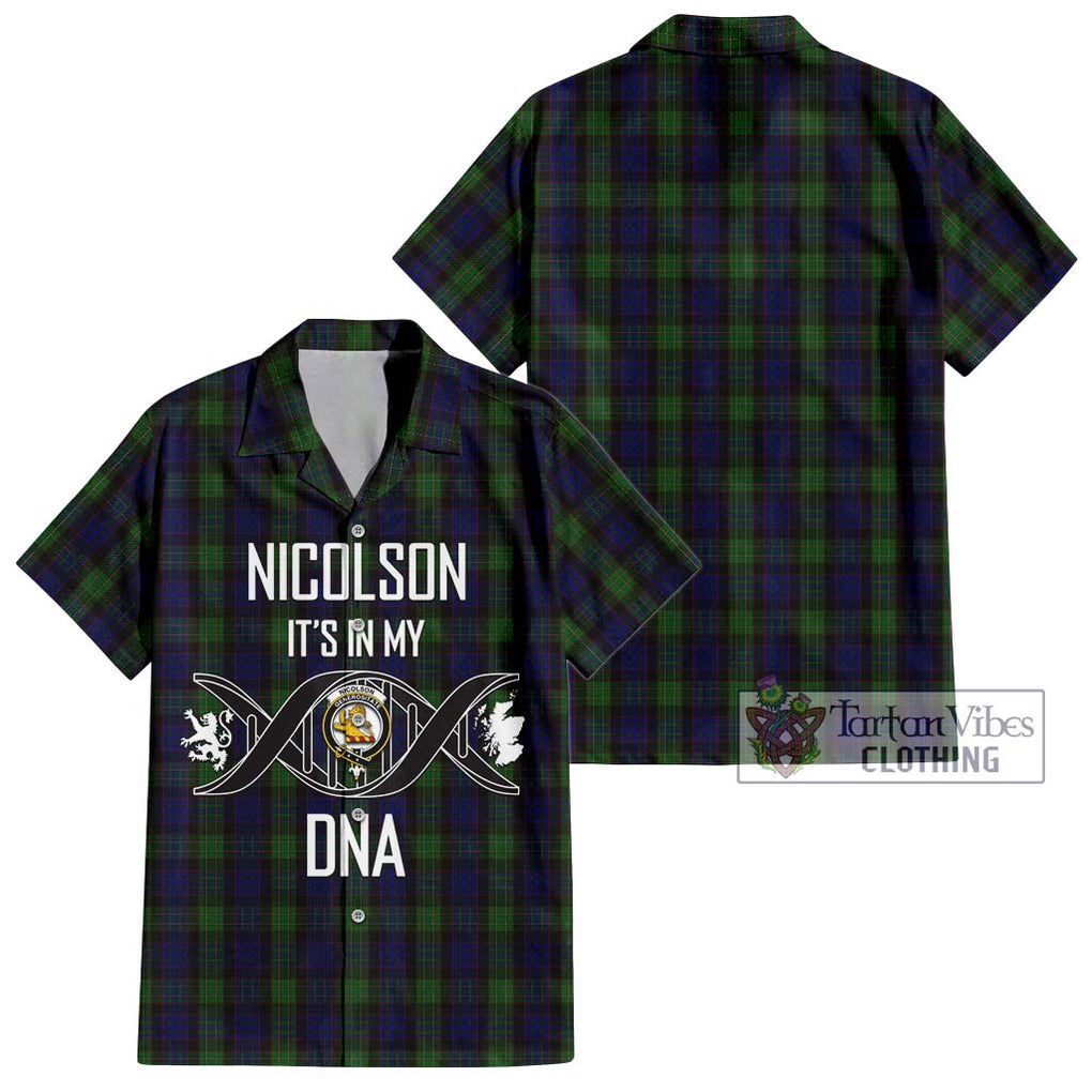 Nicolson Green Hunting Tartan Short Sleeve Button Shirt with Family Crest DNA In Me Style Kid - Tartanvibesclothing Shop