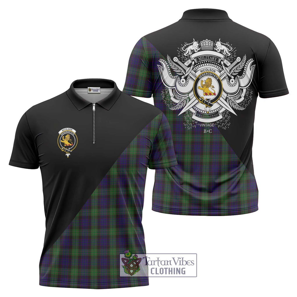 Nicolson Green Hunting Tartan Zipper Polo Shirt with Family Crest and Military Logo Style Unisex - Tartanvibesclothing Shop