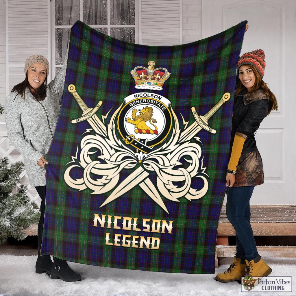 Tartan Vibes Clothing Nicolson Green Hunting Tartan Blanket with Clan Crest and the Golden Sword of Courageous Legacy