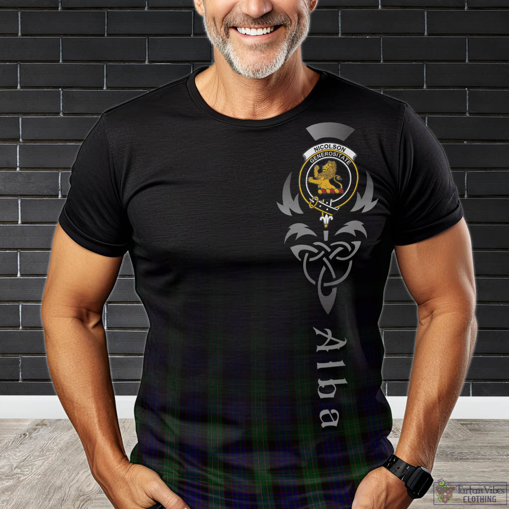 Tartan Vibes Clothing Nicolson Green Hunting Tartan T-Shirt Featuring Alba Gu Brath Family Crest Celtic Inspired