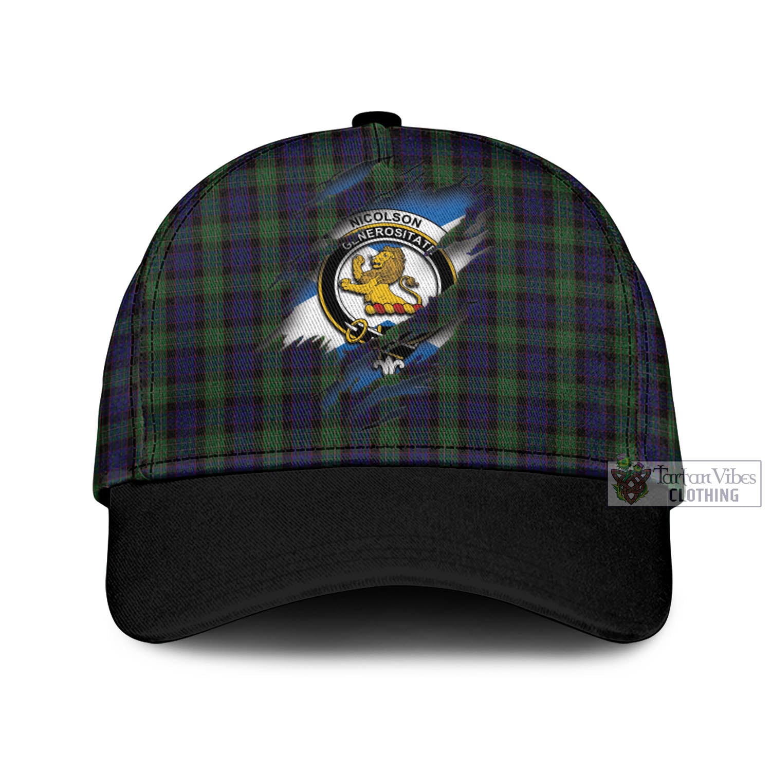 Tartan Vibes Clothing Nicolson Green Hunting Tartan Classic Cap with Family Crest In Me Style