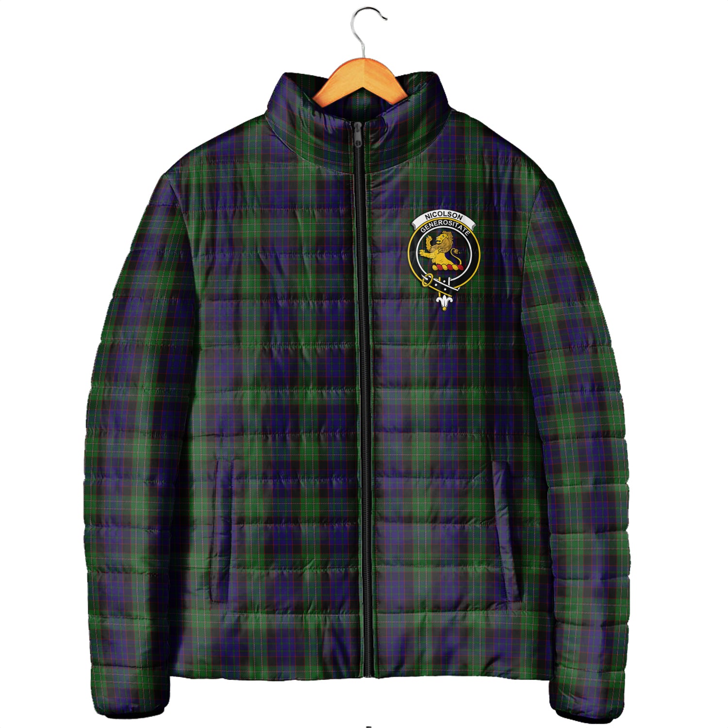 Nicolson Green Hunting Tartan Padded Jacket with Family Crest Men's Padded Jacket - Tartan Vibes Clothing