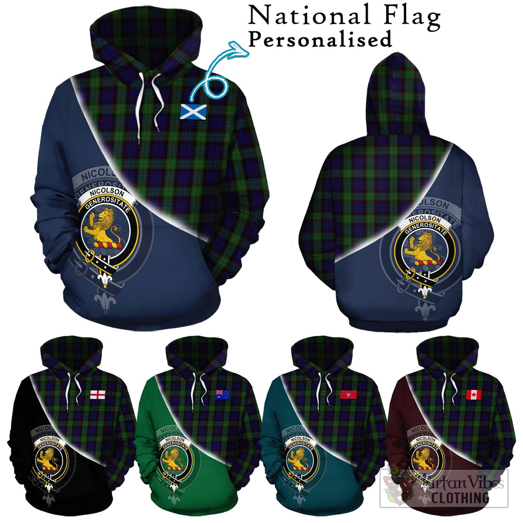 Nicolson Green Hunting Tartan Hoodie with Personalised National Flag and Family Crest Half Style Zip Hoodie - Tartanvibesclothing Shop