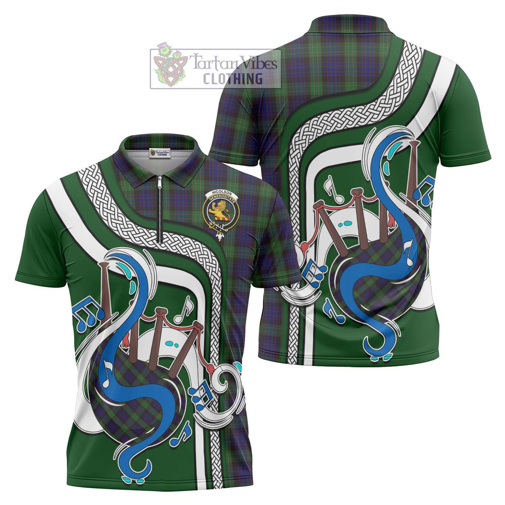 Nicolson Green Hunting Tartan Zipper Polo Shirt with Epic Bagpipe Style Unisex - Tartanvibesclothing Shop