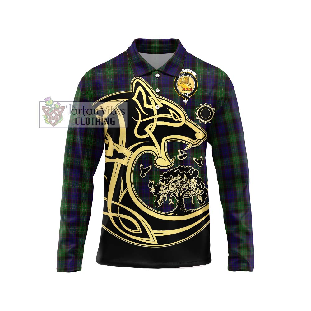 Nicolson Green Hunting Tartan Long Sleeve Polo Shirt with Family Crest Celtic Wolf Style Unisex - Tartanvibesclothing Shop