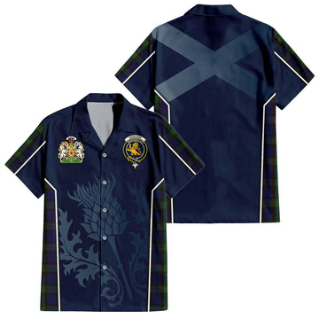 Nicolson Green Hunting Tartan Short Sleeve Button Up Shirt with Family Crest and Scottish Thistle Vibes Sport Style