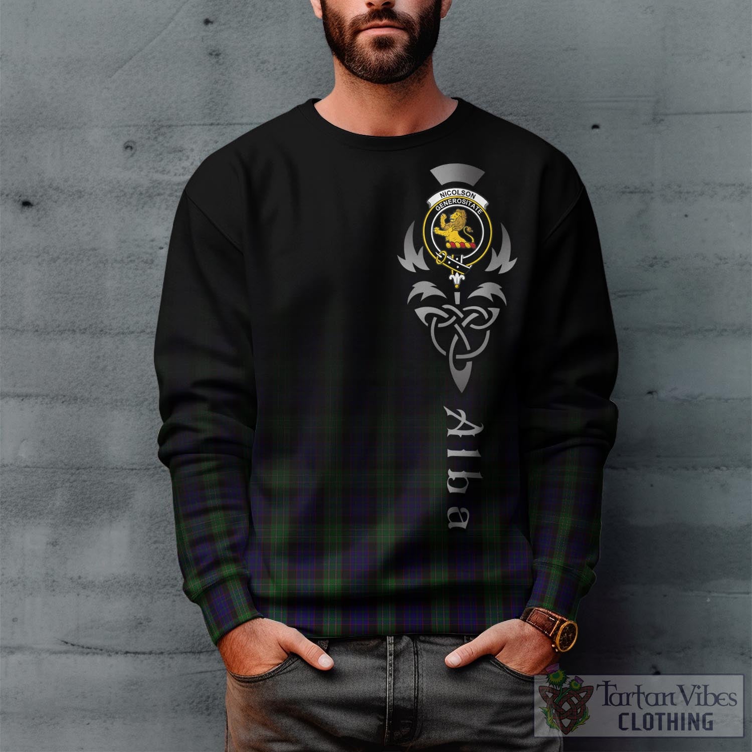 Tartan Vibes Clothing Nicolson Green Hunting Tartan Sweatshirt Featuring Alba Gu Brath Family Crest Celtic Inspired