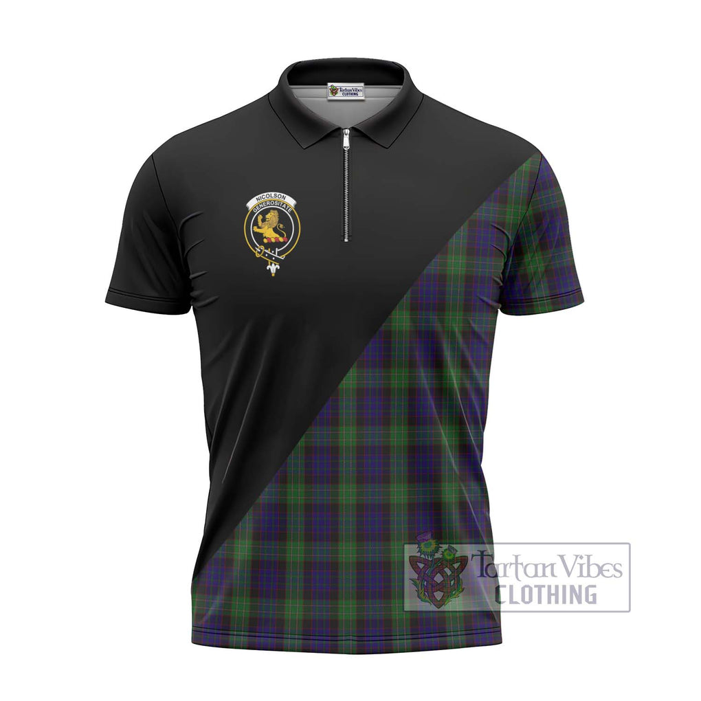 Nicolson Green Hunting Tartan Zipper Polo Shirt with Family Crest and Military Logo Style - Tartanvibesclothing Shop