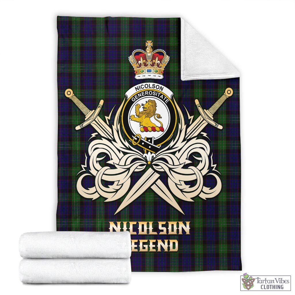 Tartan Vibes Clothing Nicolson Green Hunting Tartan Blanket with Clan Crest and the Golden Sword of Courageous Legacy