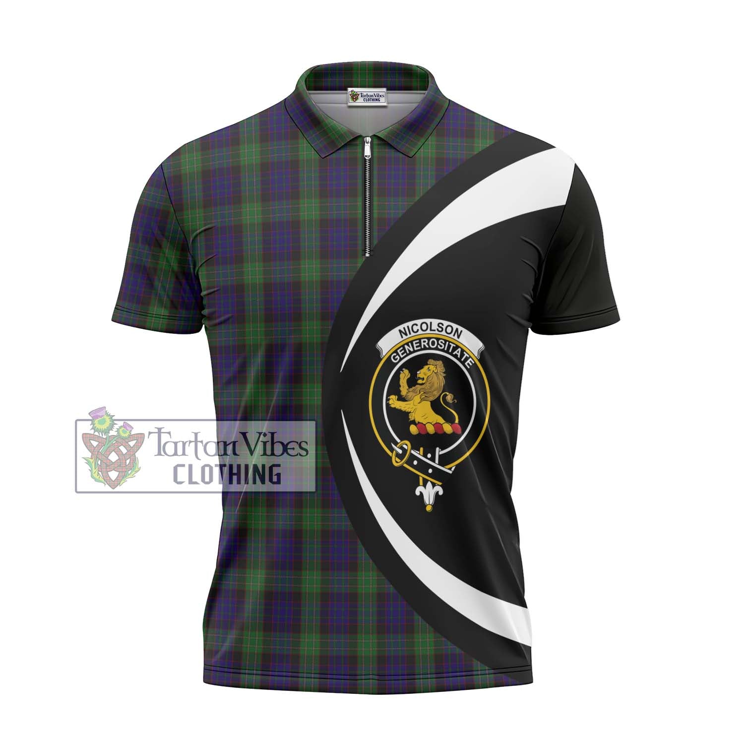 Tartan Vibes Clothing Nicolson Green Hunting Tartan Zipper Polo Shirt with Family Crest Circle Style