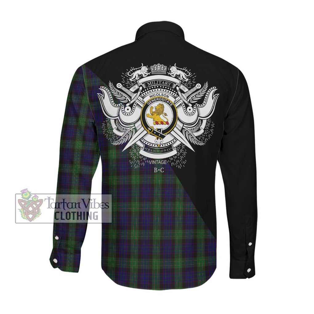 Nicolson Green Hunting Tartan Long Sleeve Button Shirt with Family Crest and Military Logo Style Men's Shirt - Tartanvibesclothing Shop