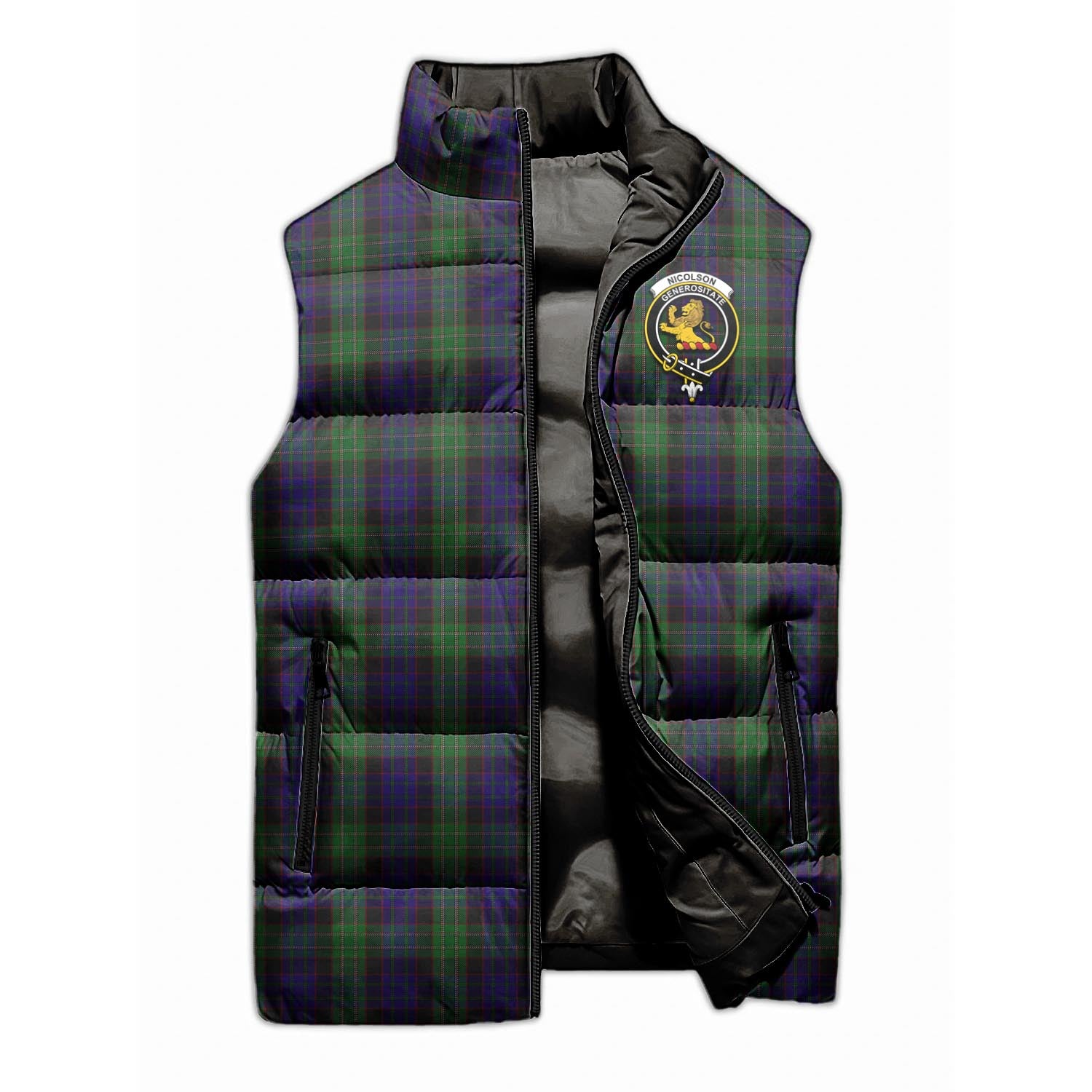 Nicolson Green Hunting Tartan Sleeveless Puffer Jacket with Family Crest - Tartanvibesclothing