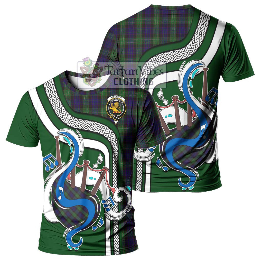 Nicolson Green Hunting Tartan T-Shirt with Epic Bagpipe Style - Tartanvibesclothing Shop