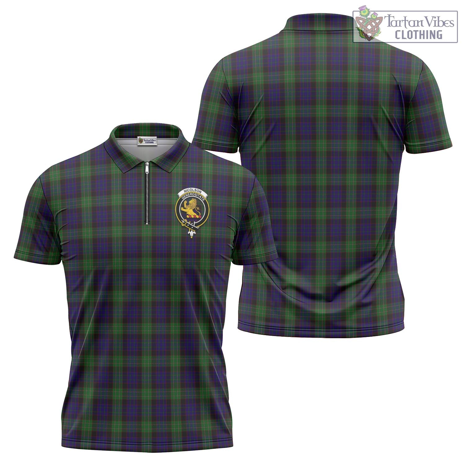 Tartan Vibes Clothing Nicolson Green Hunting Tartan Zipper Polo Shirt with Family Crest