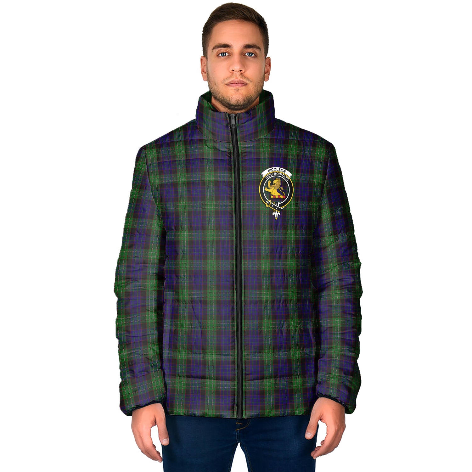 Nicolson Green Hunting Tartan Padded Jacket with Family Crest - Tartan Vibes Clothing