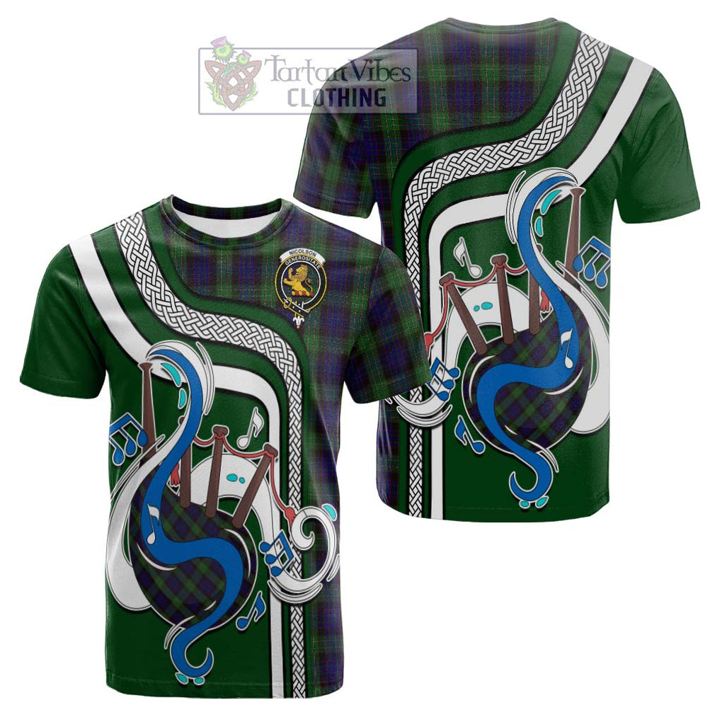 Tartan Vibes Clothing Nicolson Green Hunting Tartan Cotton T-shirt with Epic Bagpipe Style