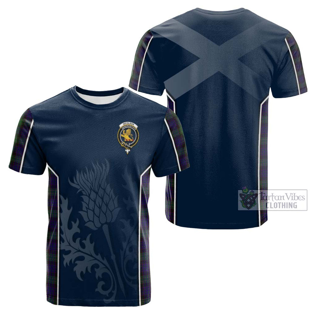 Tartan Vibes Clothing Nicolson Green Hunting Tartan Cotton T-shirt with Family Crest and Scottish Thistle Vibes Sport Style