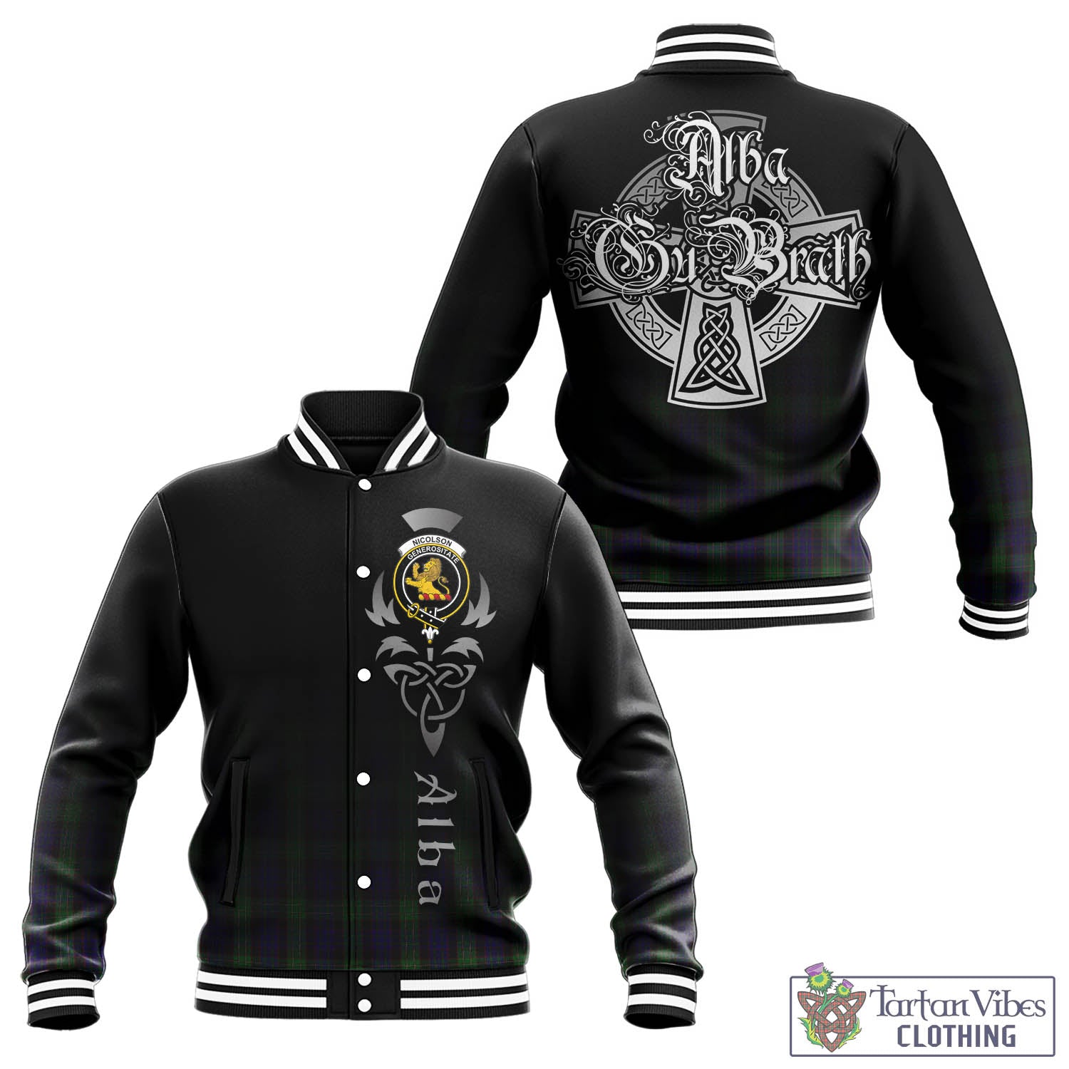 Tartan Vibes Clothing Nicolson Green Hunting Tartan Baseball Jacket Featuring Alba Gu Brath Family Crest Celtic Inspired