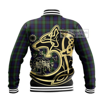 Nicolson Green Hunting Tartan Baseball Jacket with Family Crest Celtic Wolf Style