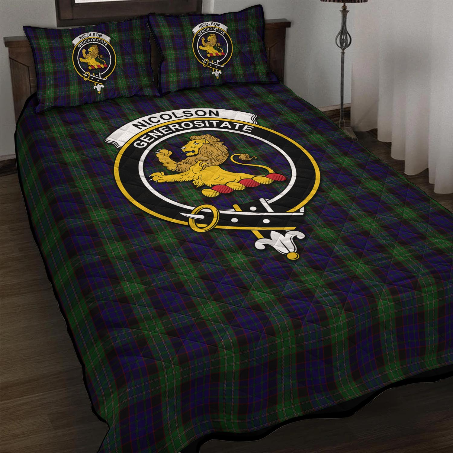 Nicolson Green Hunting Tartan Quilt Bed Set with Family Crest - Tartan Vibes Clothing