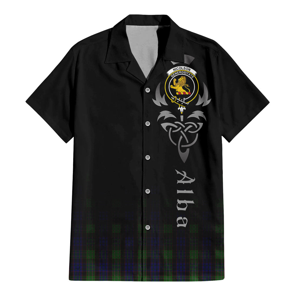 Tartan Vibes Clothing Nicolson Green Hunting Tartan Short Sleeve Button Up Featuring Alba Gu Brath Family Crest Celtic Inspired