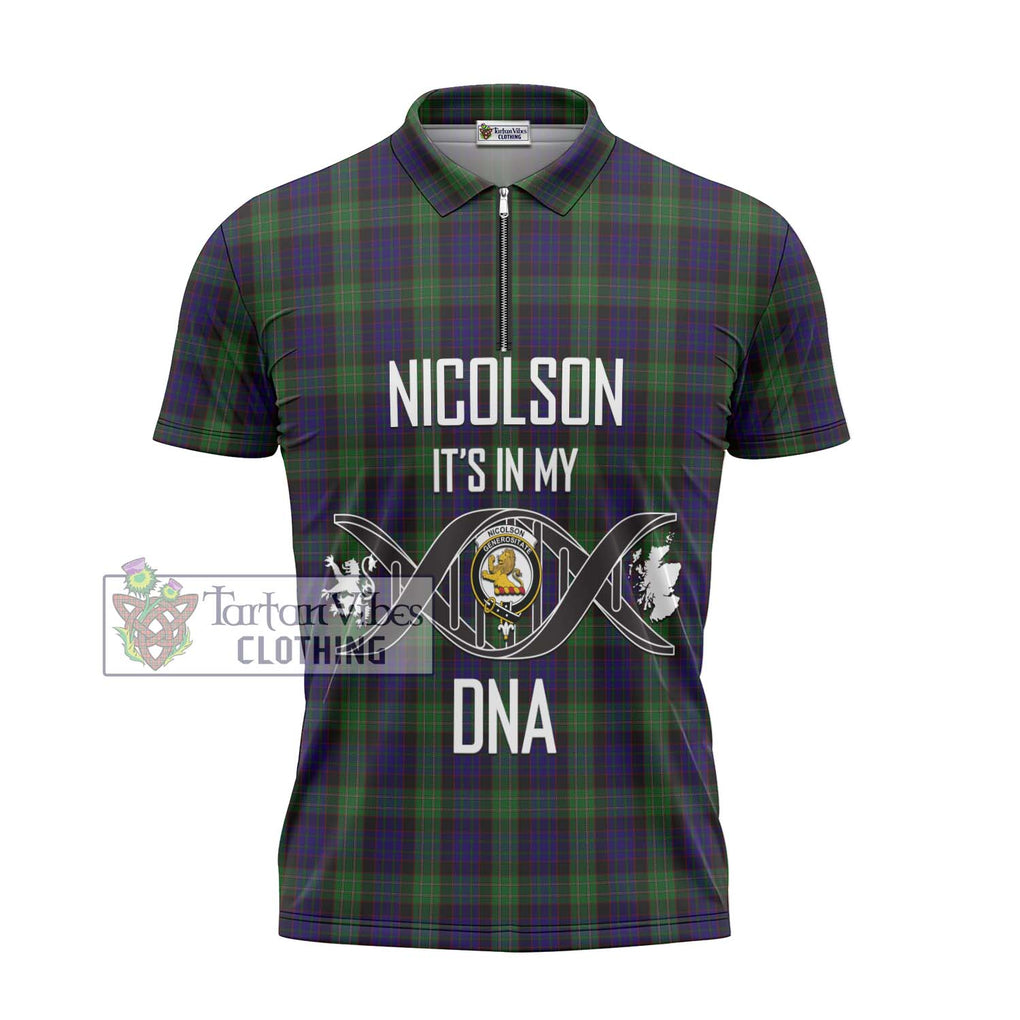 Nicolson Green Hunting Tartan Zipper Polo Shirt with Family Crest DNA In Me Style - Tartanvibesclothing Shop