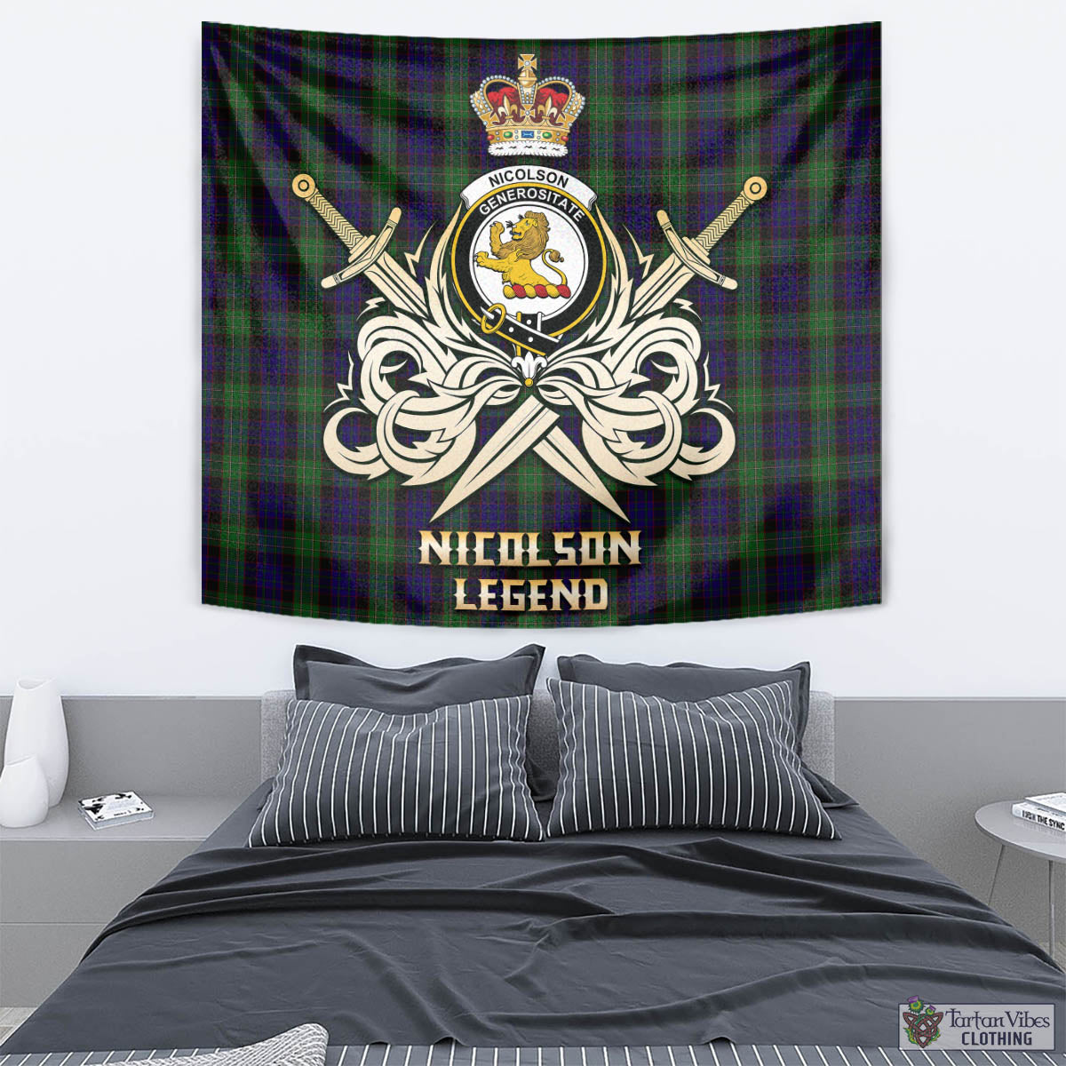 Tartan Vibes Clothing Nicolson Green Hunting Tartan Tapestry with Clan Crest and the Golden Sword of Courageous Legacy