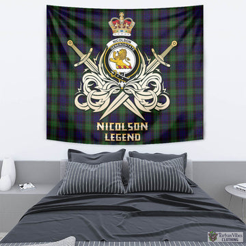 Nicolson Green Hunting Tartan Tapestry with Clan Crest and the Golden Sword of Courageous Legacy