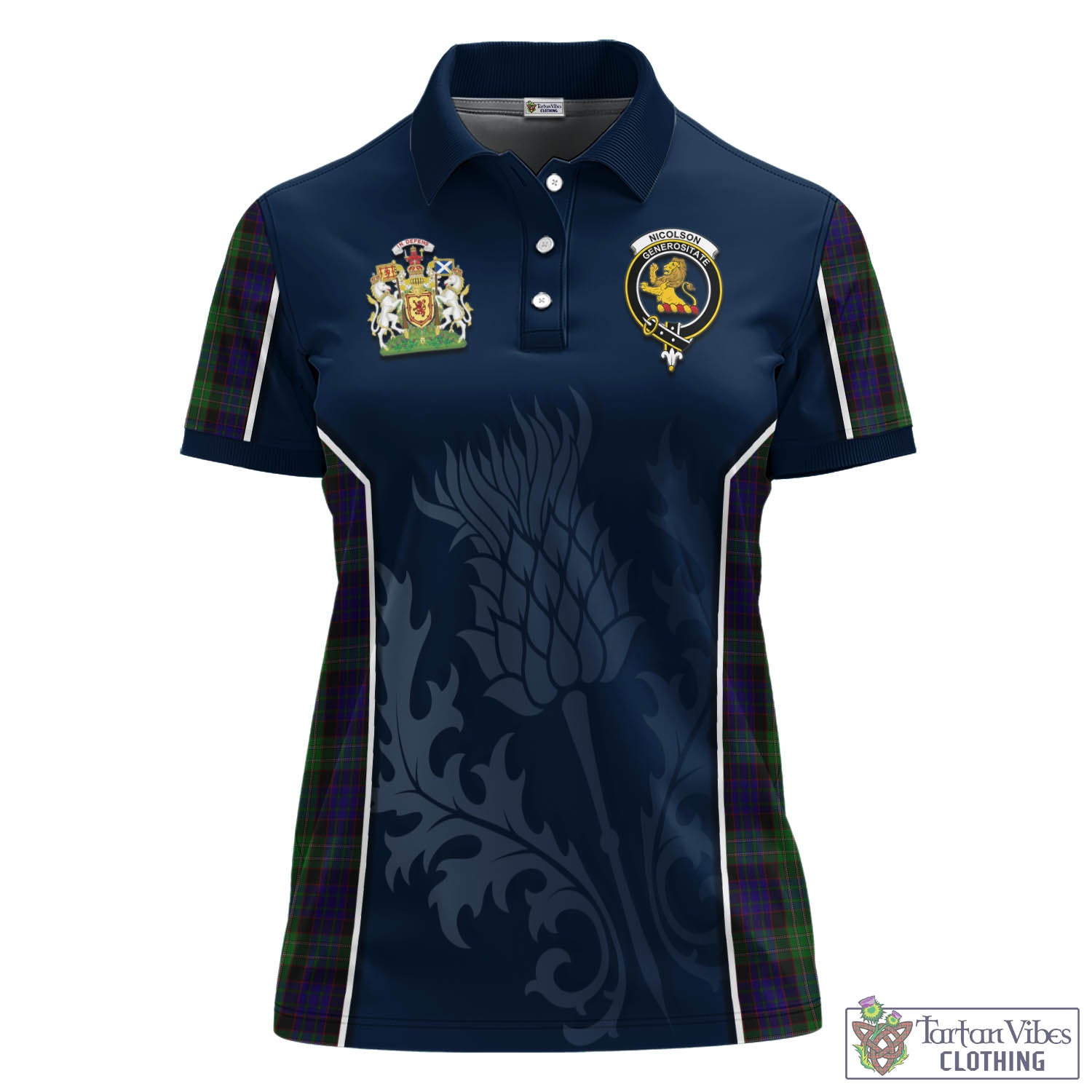 Tartan Vibes Clothing Nicolson Green Hunting Tartan Women's Polo Shirt with Family Crest and Scottish Thistle Vibes Sport Style